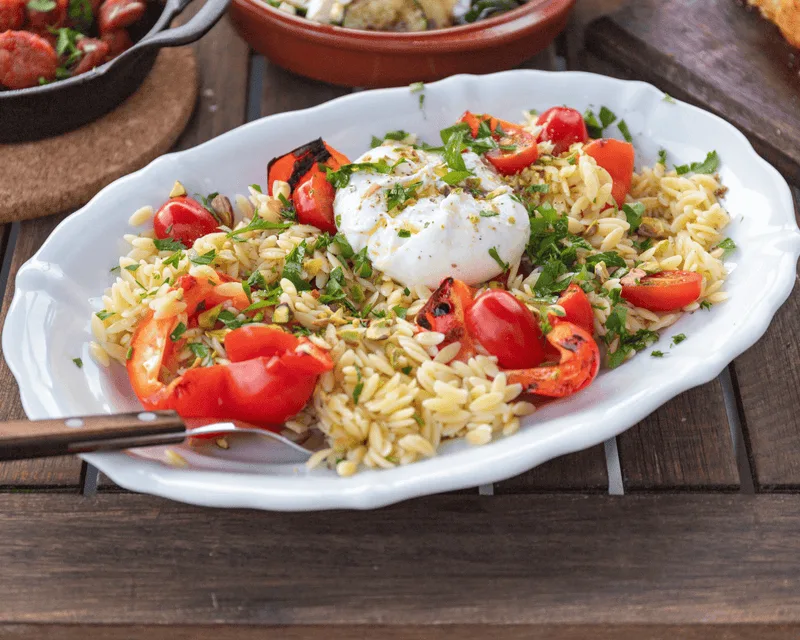 Gegrillte Paprika mit Orzo und Burrata