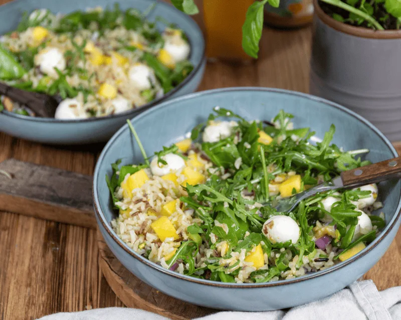 Reissalat mit Mozzarella, Mango und Basilikumöl